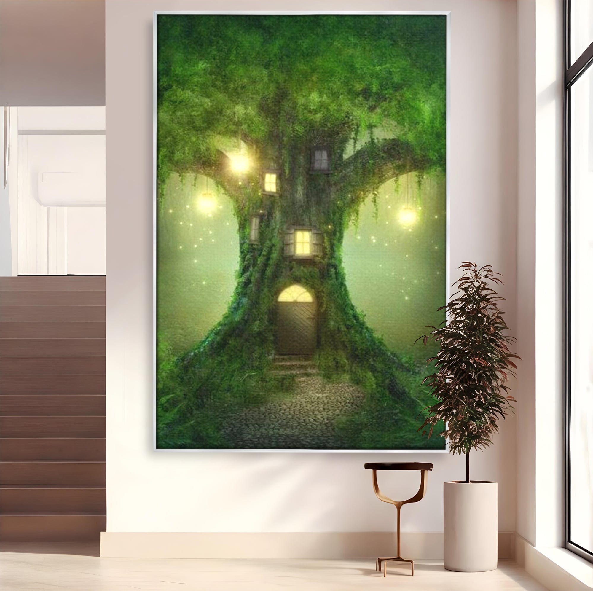 Tablou canvas cu ilustratie digitala cu un copac fermecat, in rama de aluminiu argintiu